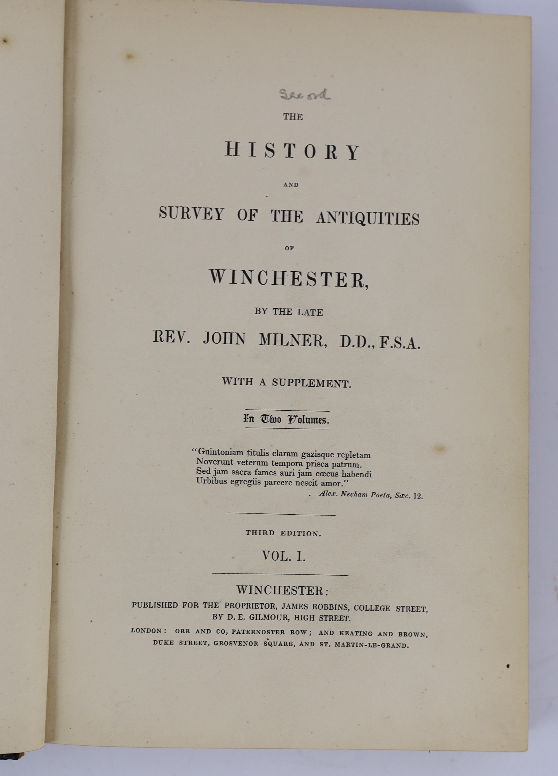 HANTS: Duthy, John - Sketches of Hampshire: embracing the architectural antiquities, topography, &c. of country adjacent to the River Itchen...8 plates (2 coloured), a map and text engravings; later 19th century black gi